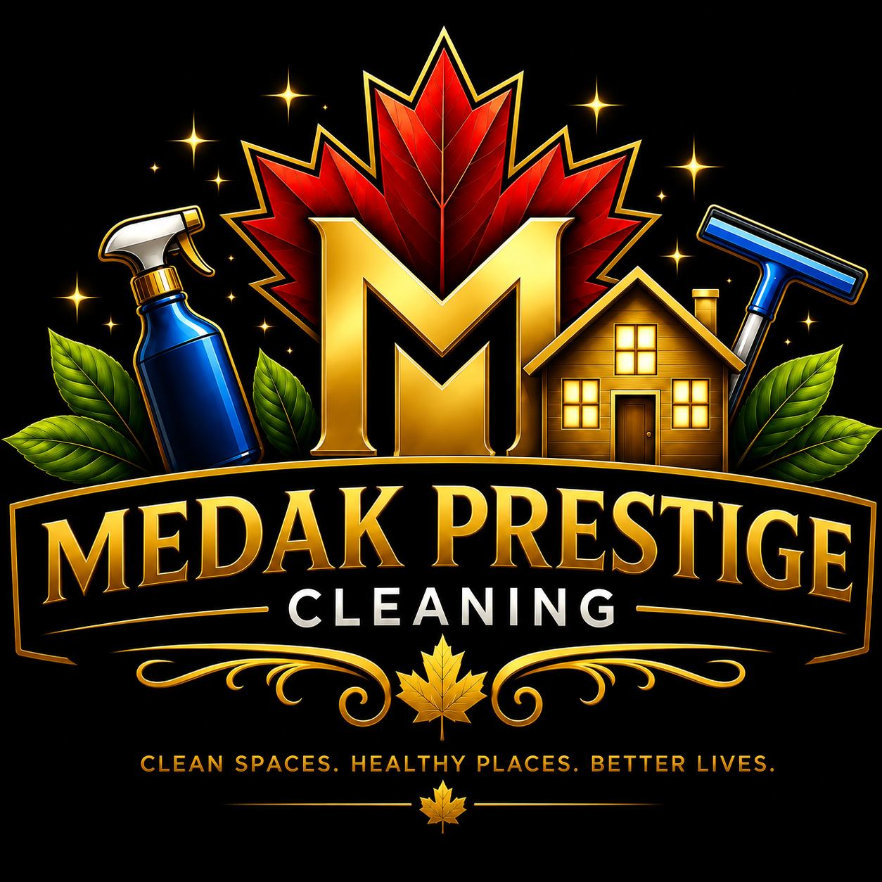 Medak Prestige Cleaning Logo - Clean Spaces. Healthy Places. Better Lives.